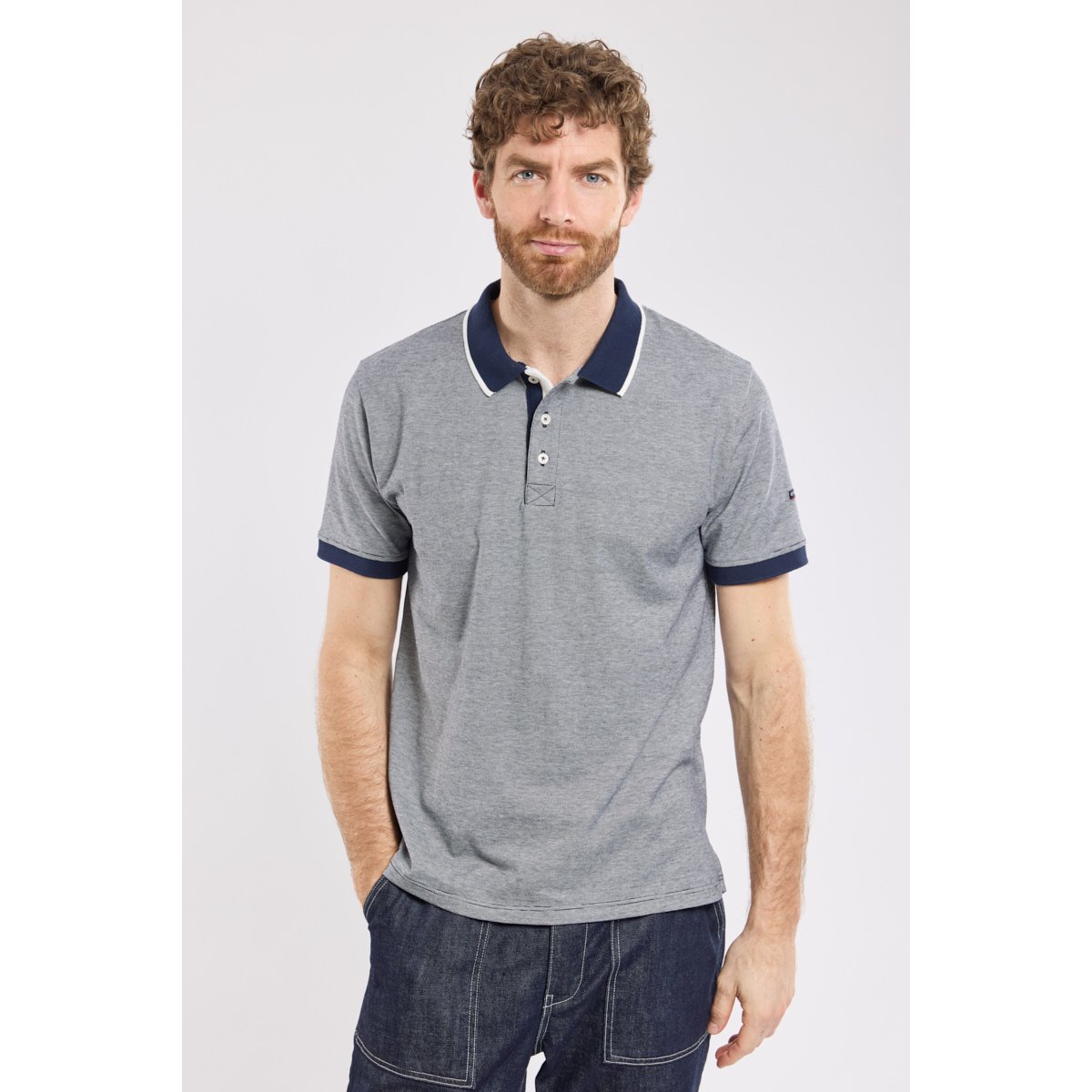 Polo fines rayures en coton léger marine deep/milk, ARMOR-LUX