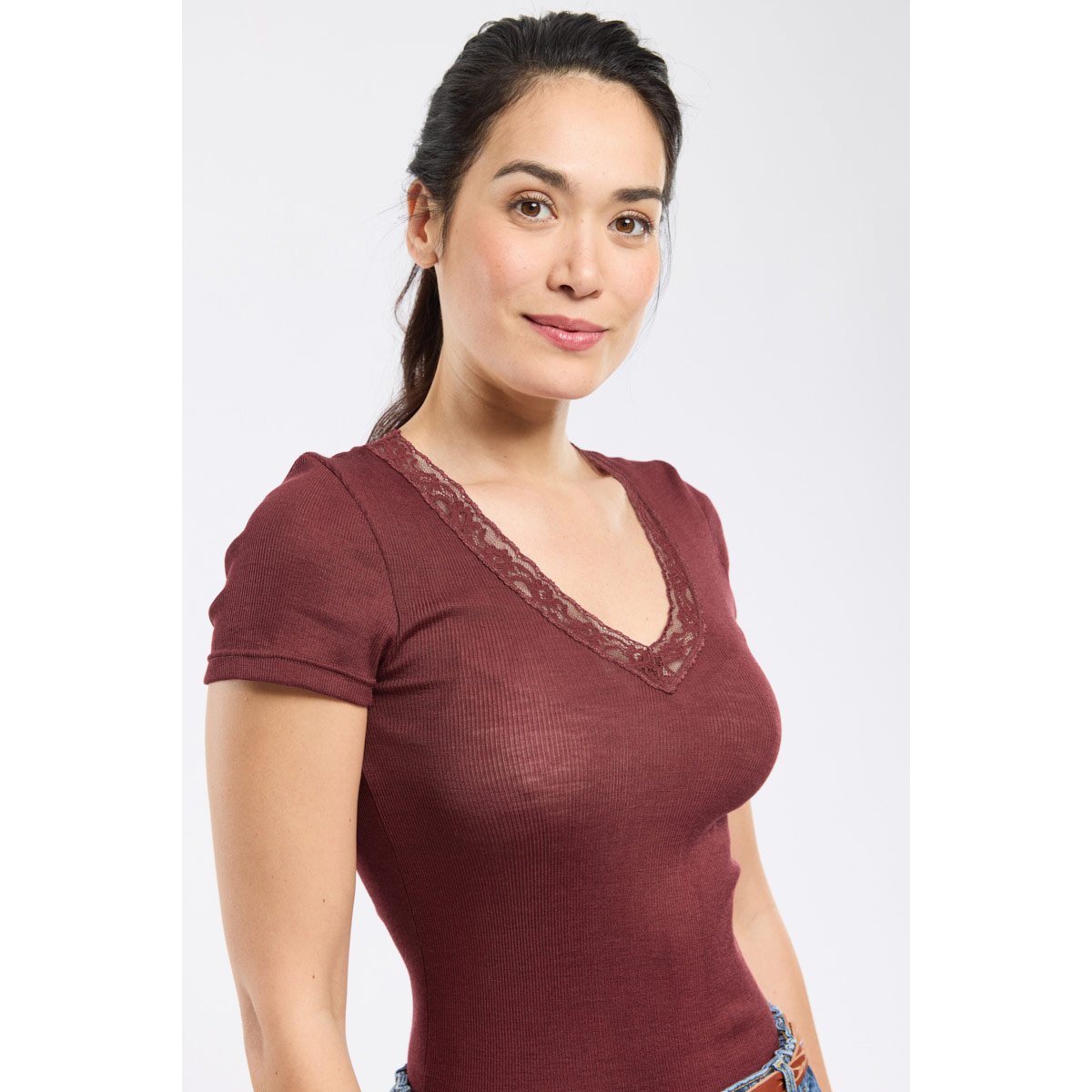 T-shirt col dentelle en laine et soie sandalo, ARMOR-LUX