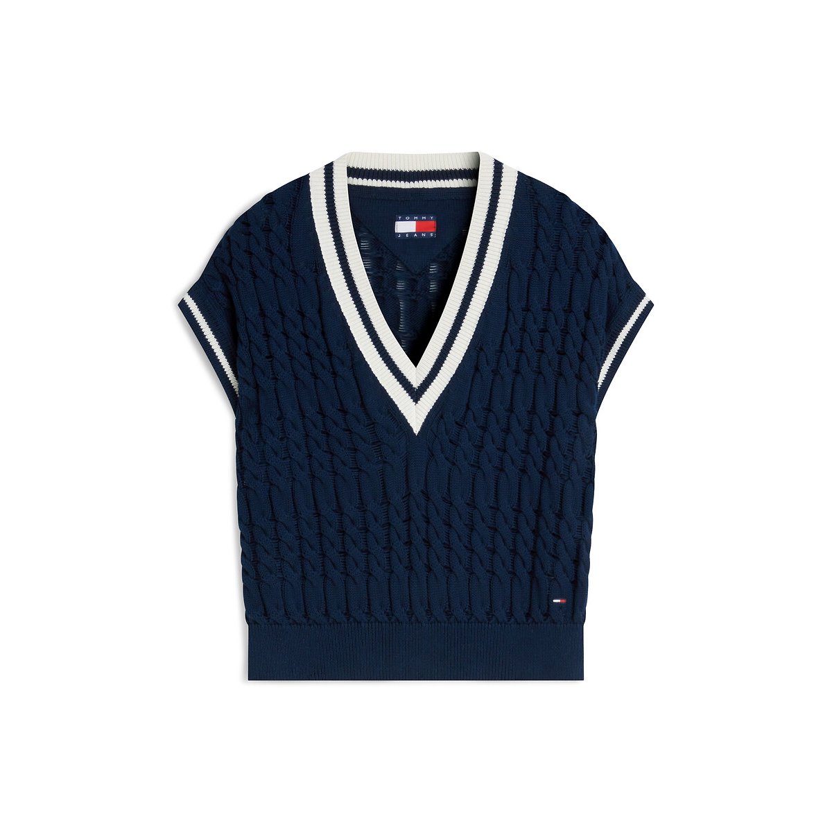 Pull col V à manches courtes marine, TOMMY JEANS