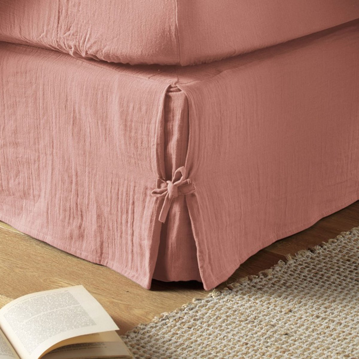 Cache sommier, en 100 % Gaze de coton, avec volant 30 cm rose pêche, EDEN