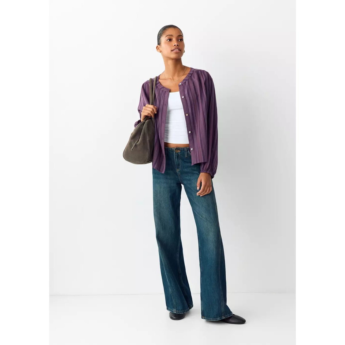 Blouse en coton rayée avec détail froncé lilas, MANGO TEEN