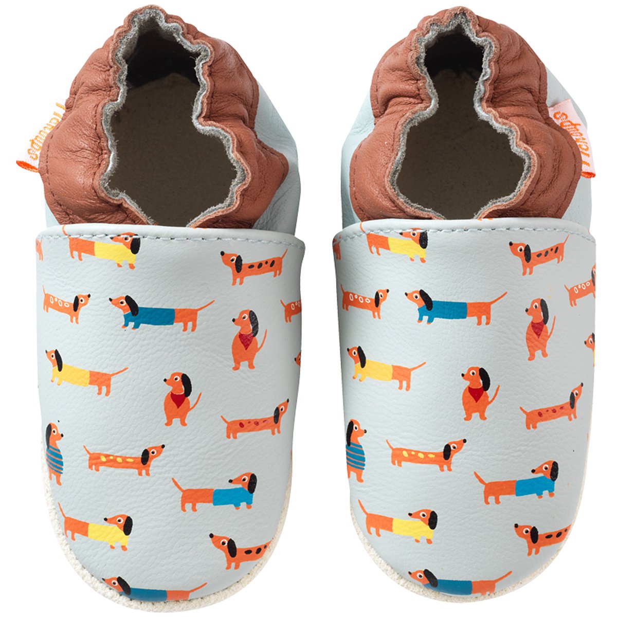 Chaussons bébé cuir souple Raphaël les teckels bleu, TICHOUPS