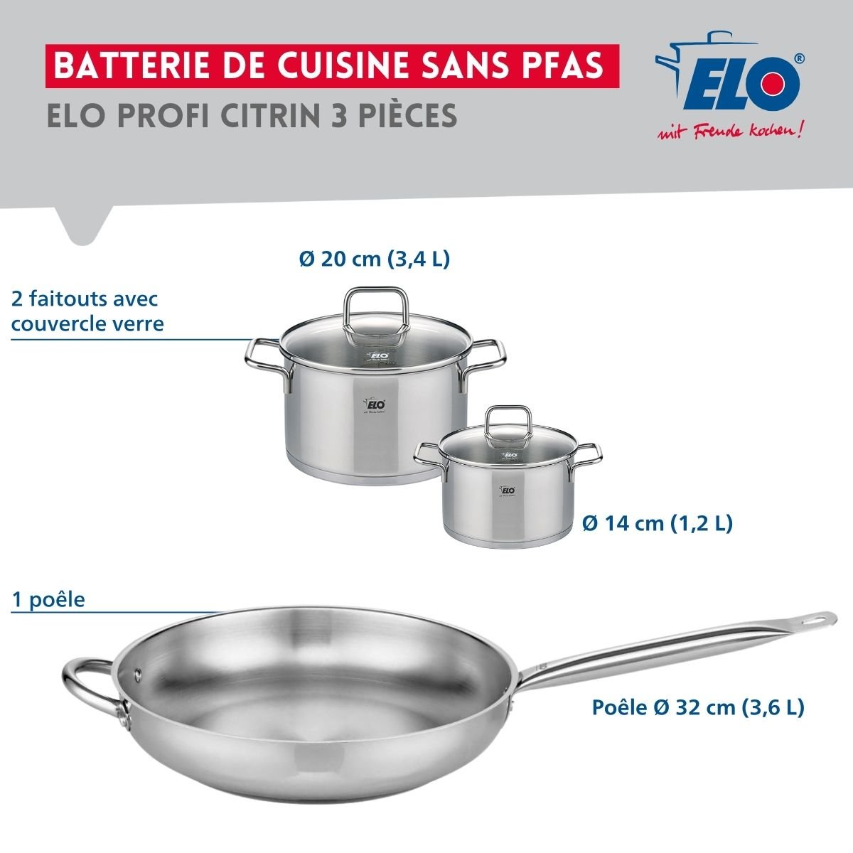 Batterie 1 poêle 32cm + 2 faitouts 14/20cm PROFI CITRIN gris, ELO