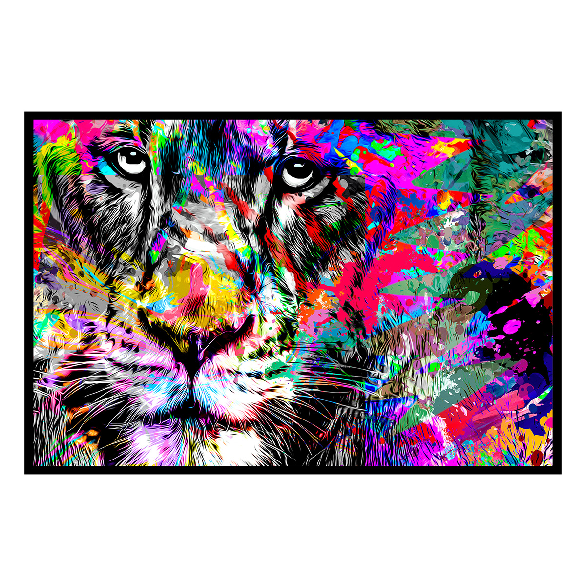 Affiche encadrée lion pop art multicolore affiche + cadre en métal - noir, HEXOA