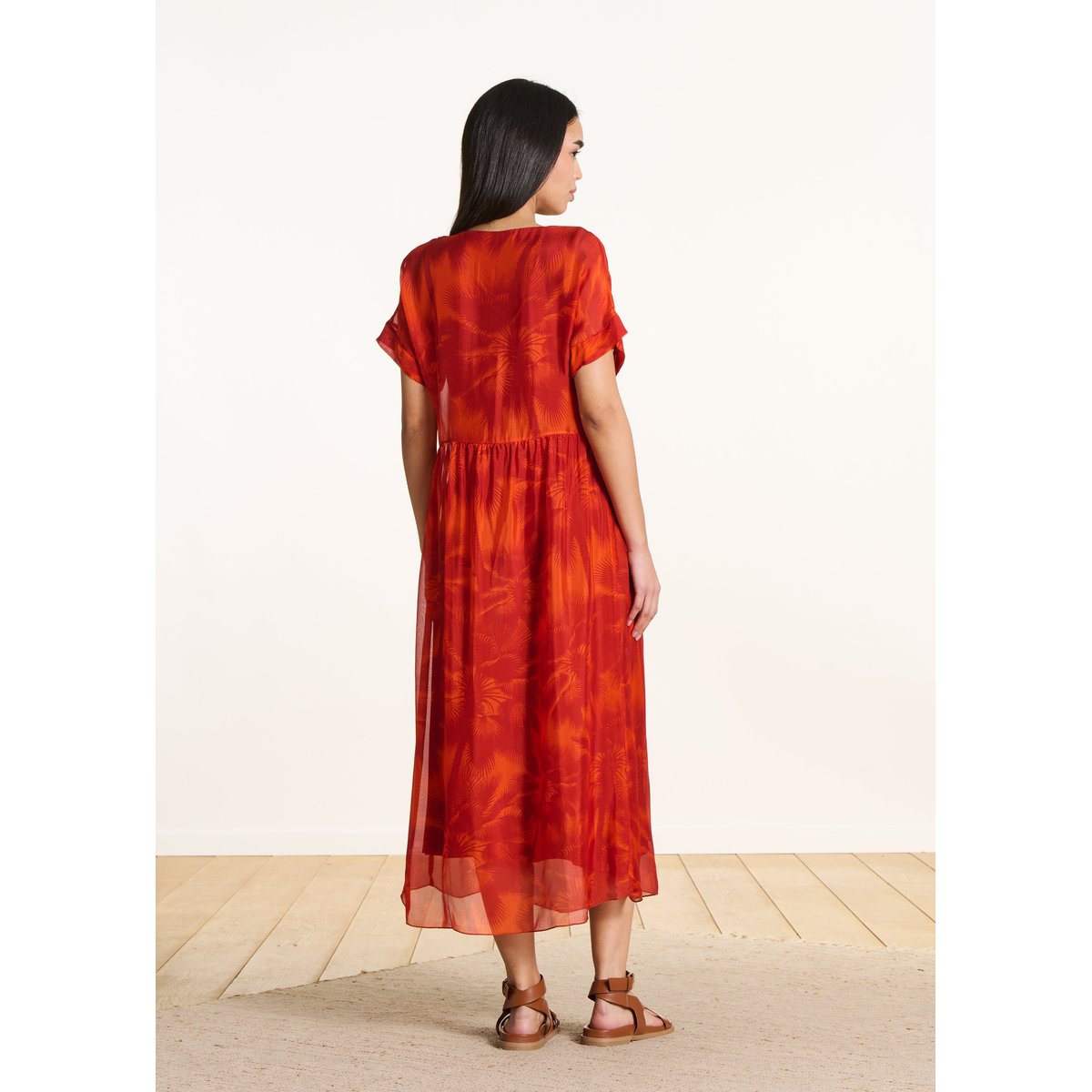 Robe longue en voile à imprimé fleuri orange, LA FEE MARABOUTEE