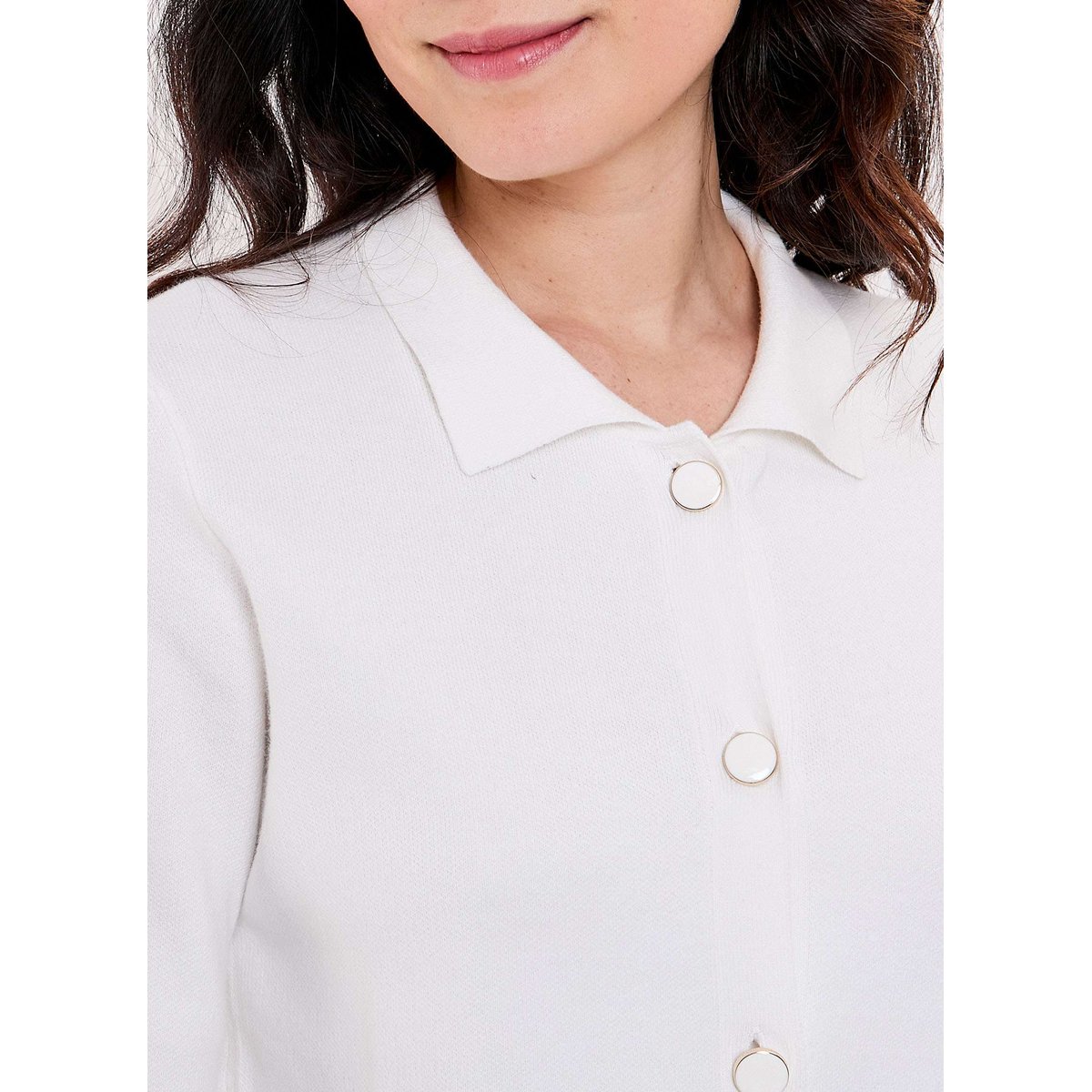 Gilet col polo maille coton droit GALET blanc ecru, PRINCESSE NOMADE