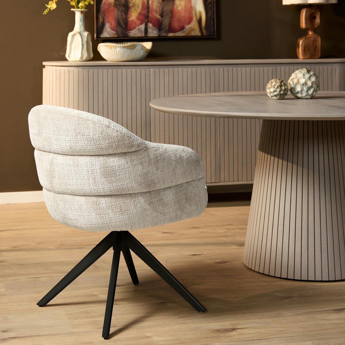 Chaise arrondie pivotante en tissu chenille (lot de 2) CORTINA ecru, PIER IMPORT