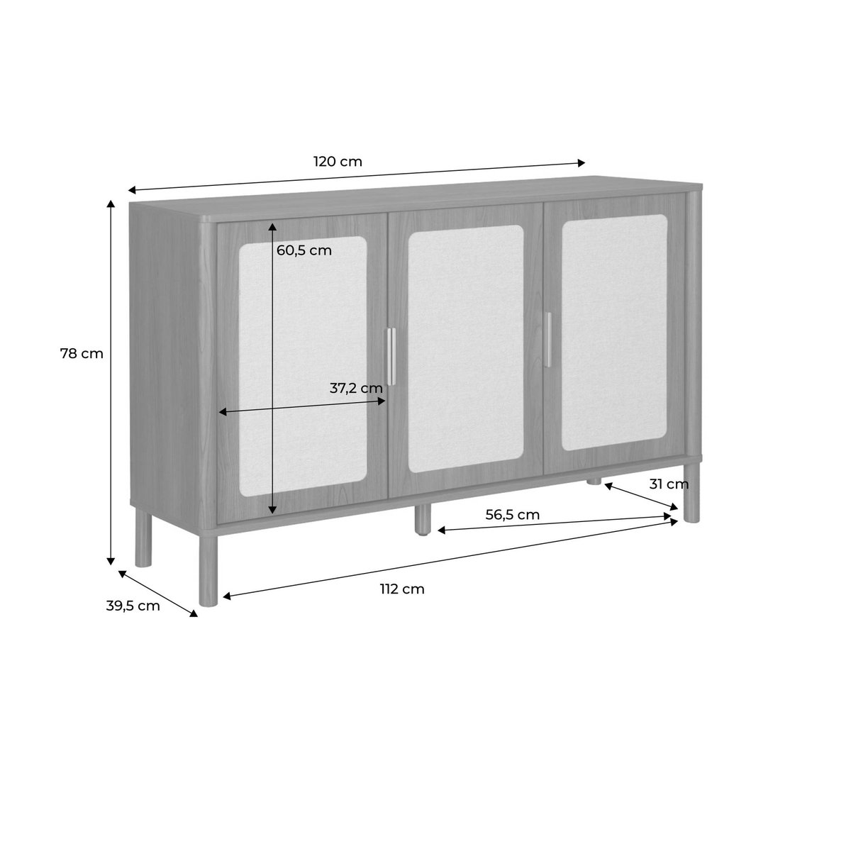 Buffet vintage décor bois et cannage 3 portes 120cm ETTA noyer, SWEEEK