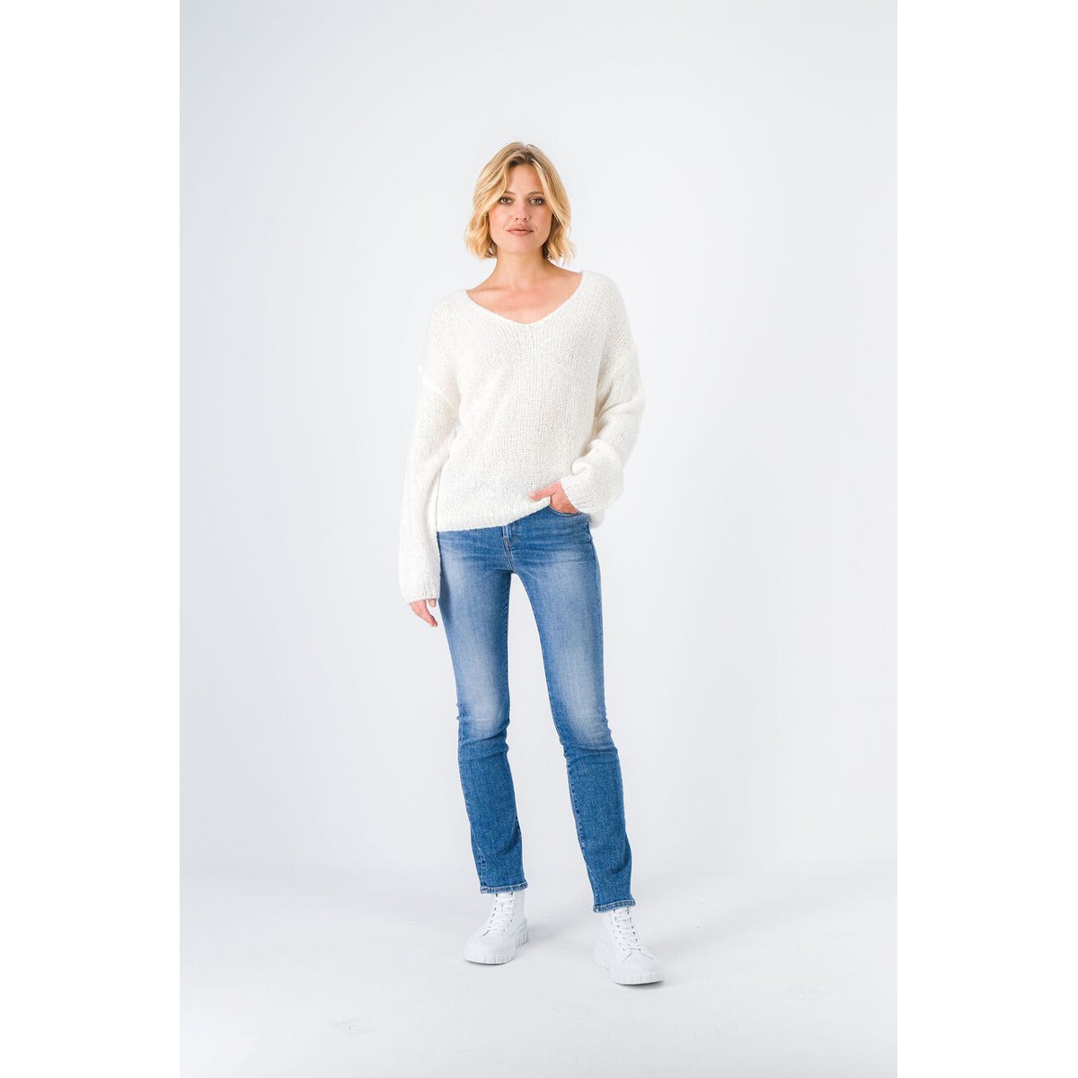 Pull col v laine mohair blanc, TEDDY SMITH