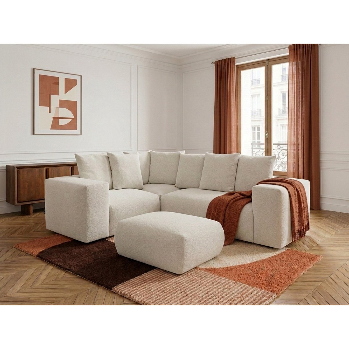 Canapé modulable 4 places en tissu chiné avec pouf, VOLTAIRE blanc, BOBOCHIC