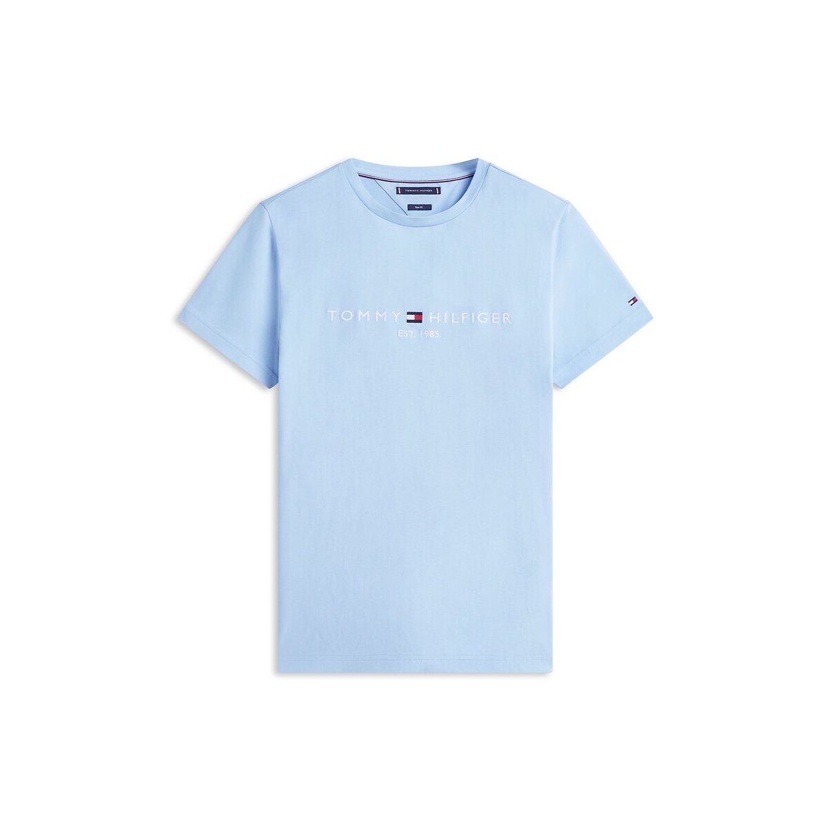 T-shirt ajusté en jersey à logo brodé bleu clair, TOMMY HILFIGER