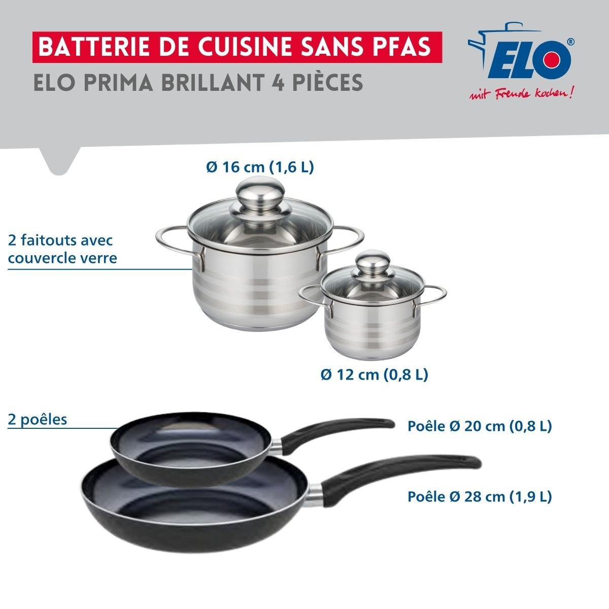 Batterie 2 poêles 20/28cm + 2 faitouts 12/16cm PRIMA BRILLANT noir, ELO