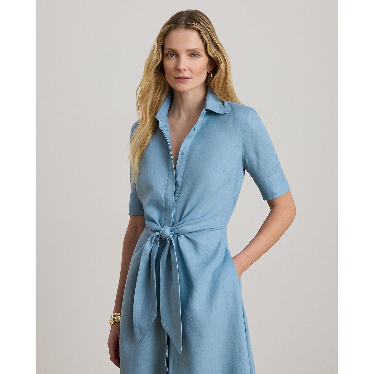 Vestido camisero de lino de manga corta azul cielo, LAUREN RALPH LAUREN