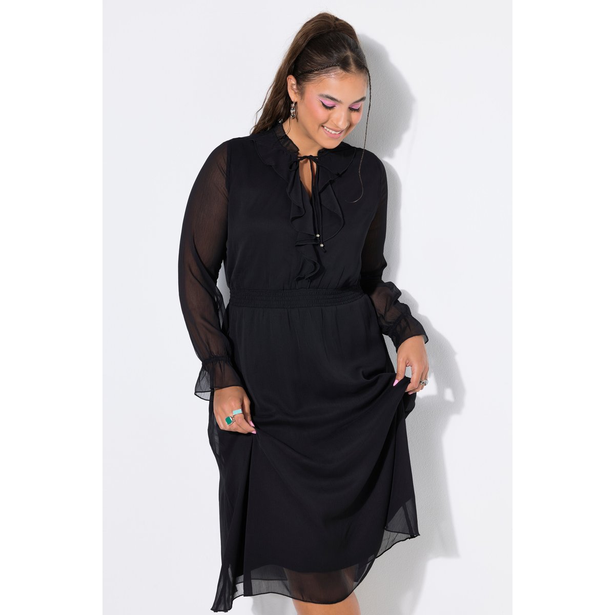 Robe maxi, coupe trapèze, mousseline noir, STUDIO UNTOLD