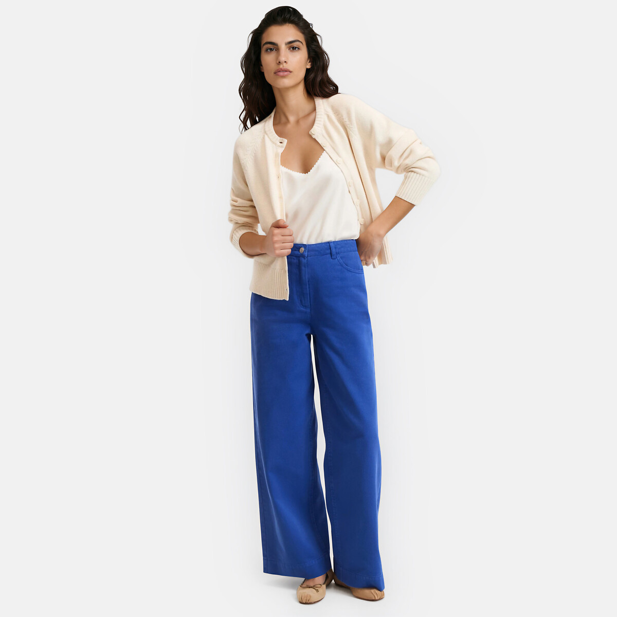 High-Waist Wide-Leg Trousers in Cotton Twill electric blue, LA REDOUTE COLLECTIONS