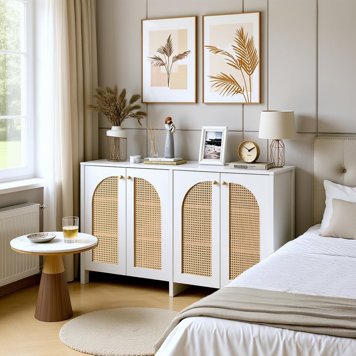 Armoire de rangement avec 4 portes et 6 couches et portes en rotin tressé, NOVAKB Armoire blanc, MEUBLES COSY