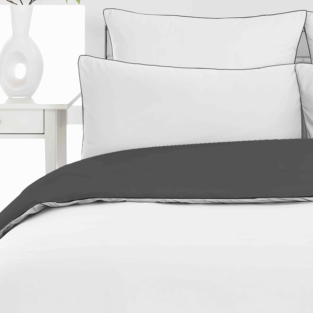 Parure housse de couette percale de coton avec 2 taies 50x70 cm ROSE WOOD BICOLORE blanc/anthracite, SENSEI MAISON