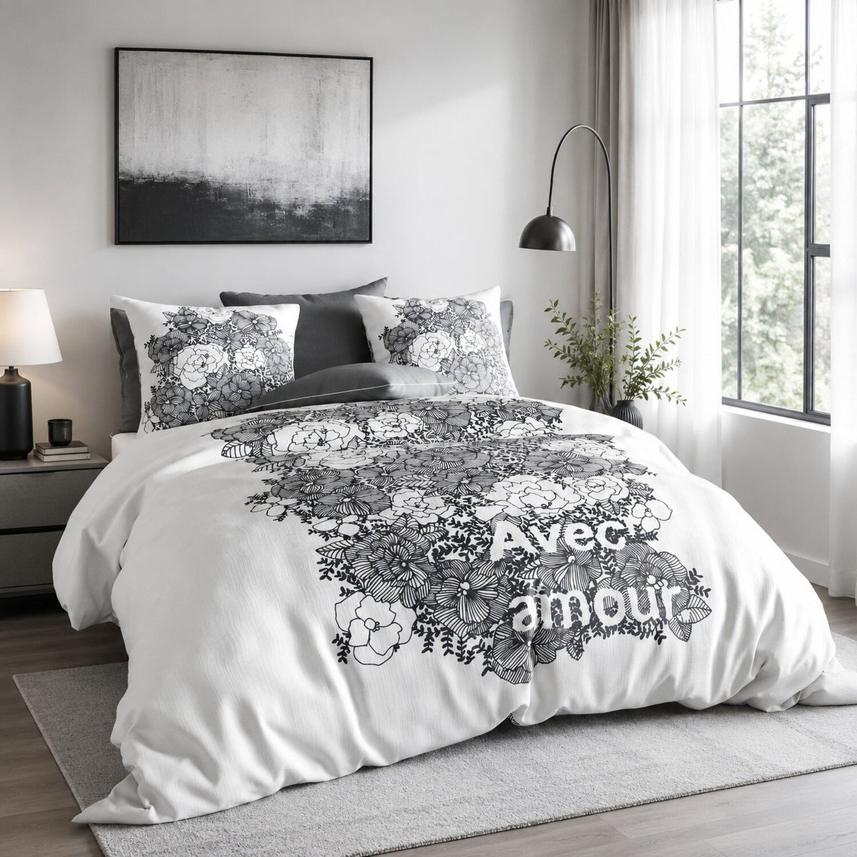 Parure housse de couette en coton imprimée, Avec amour gris foncé, C DESIGN HOME TEXTILE