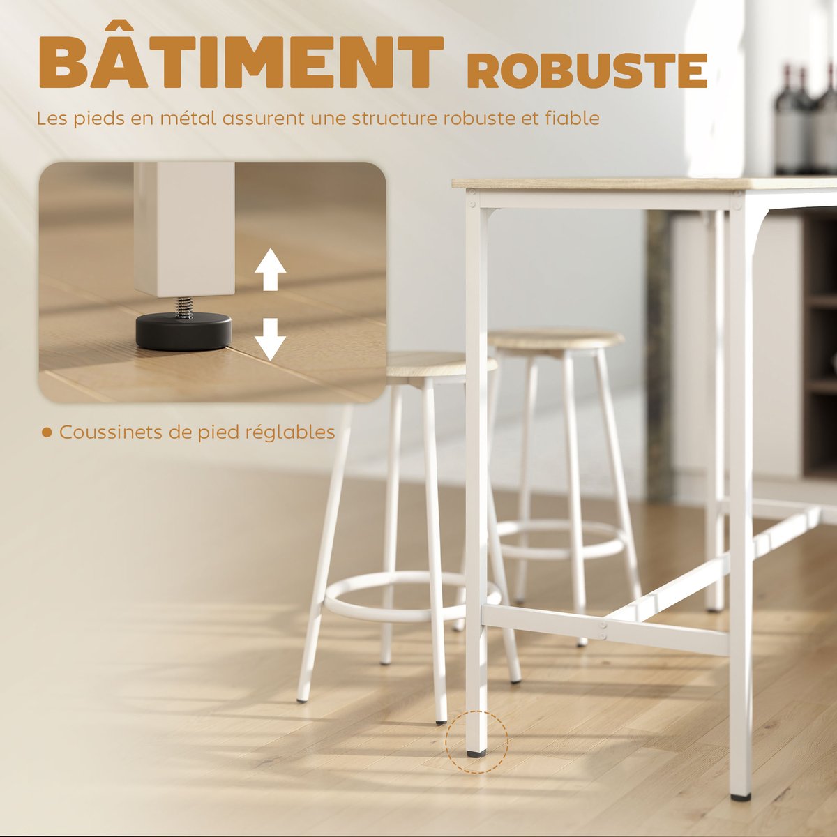 Ensemble de table de bar Métal effet bois naturel, blanc, HOMCOM