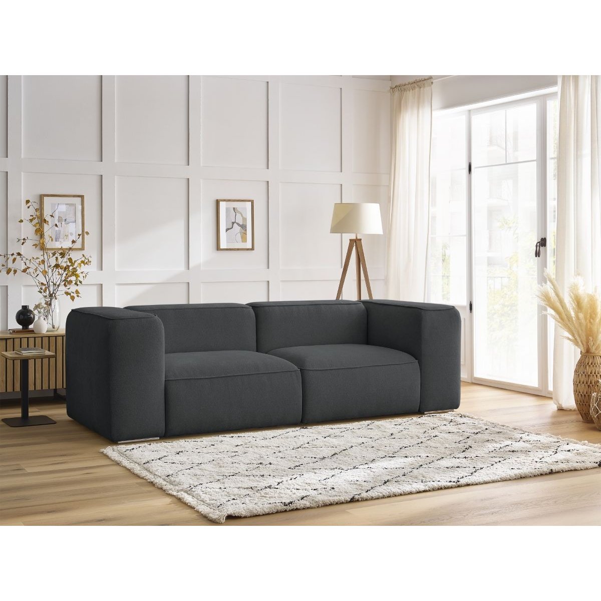 Canapé droit fixe 2 places en tissu texturé, ZEPHYR gris foncé, BOBOCHIC