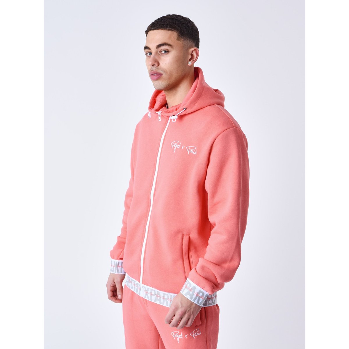 Sweat à Capuche zippé Bande élastique logotée rose corail, PROJECT X