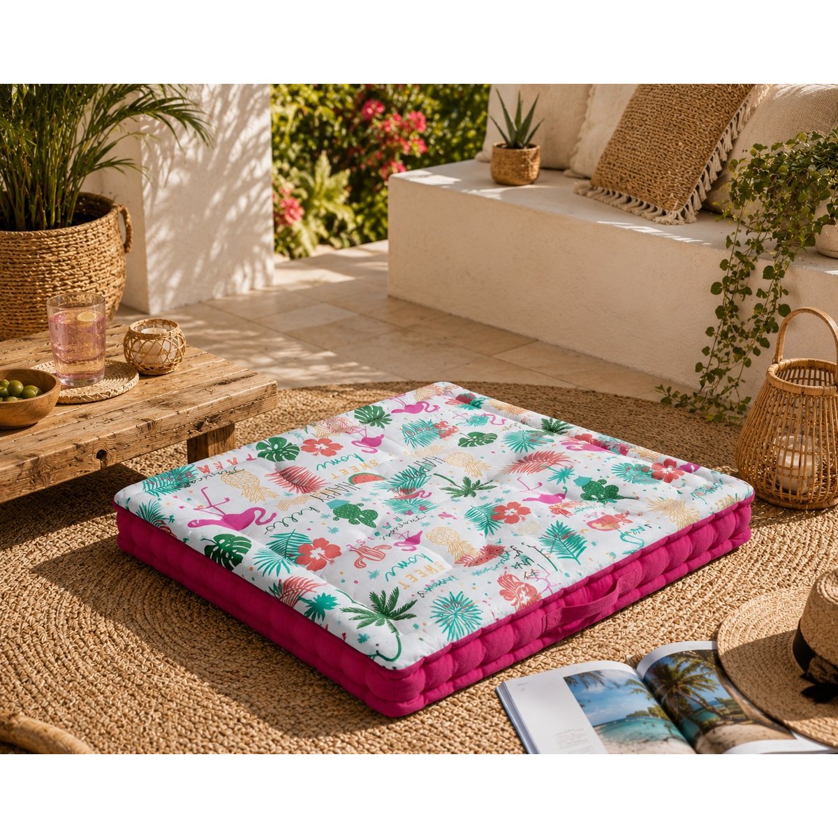 Coussin de sol en coton matelassé Flamant Rose 60cm rose, EDEN