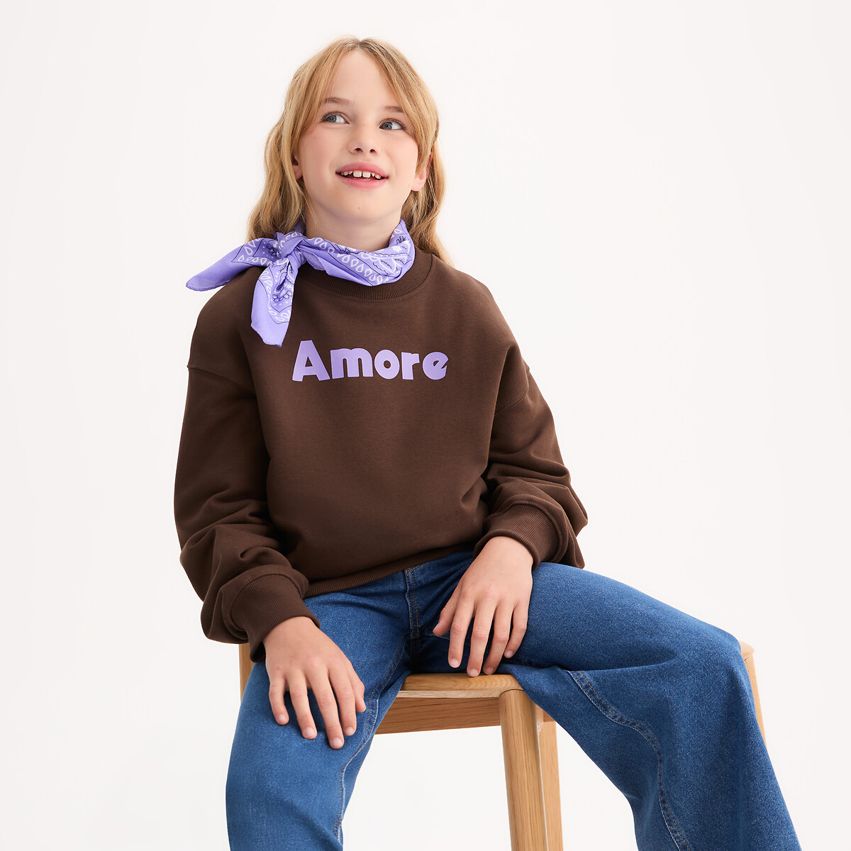 Slogan Print Sweatshirt with Crew Neck brown, LA REDOUTE COLLECTIONS