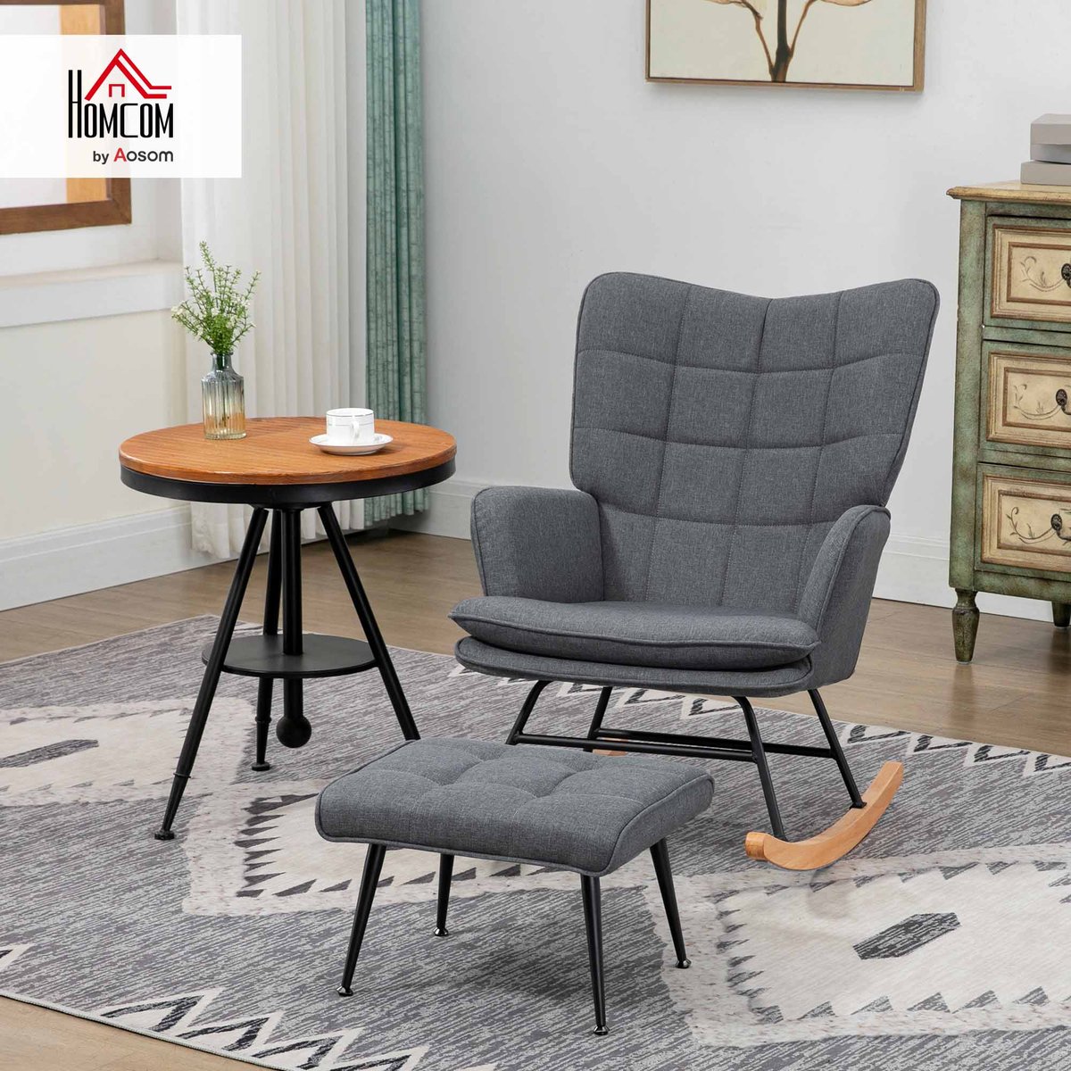 Ensemble de fauteuils à bascule Tissu aspect gris, bois naturel et noir, HOMCOM