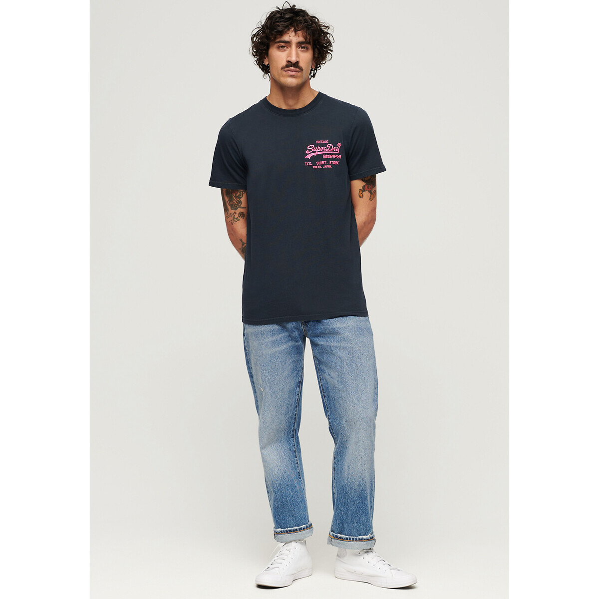 T-shirt col rond à imprimé bleu marine, SUPERDRY