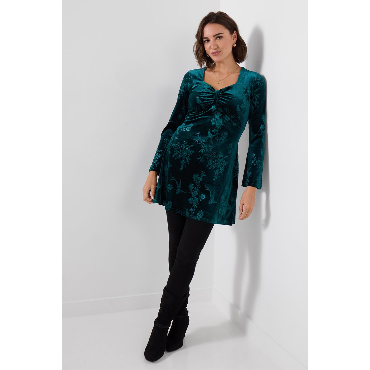 Tunique en Velours Embossé Fleuri vert, JOE BROWNS