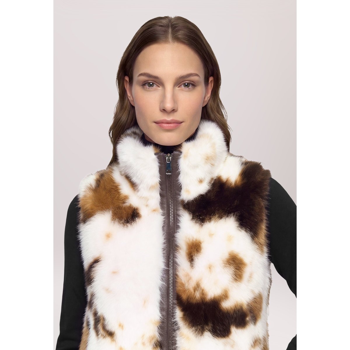 Veste sans manches en peluche à col droit beige/marron, AMBER & JUNE