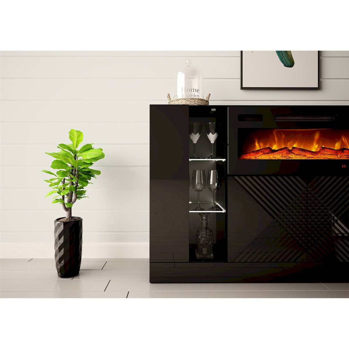 Buffet 4 portes avec cheminée électrique noir mat, RECOLLECTION