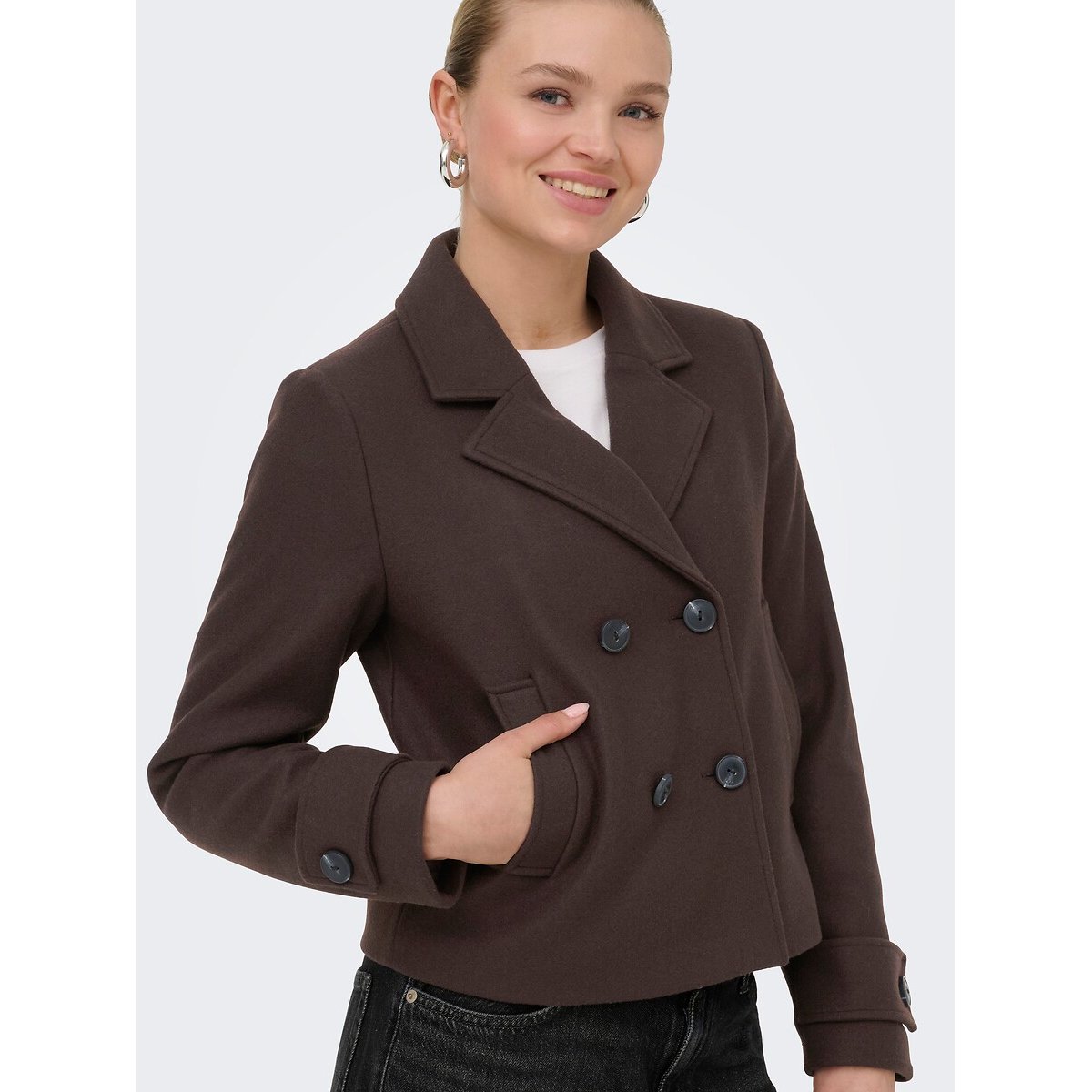 Cappotto corto con colletto tailleur, abbottonato marrone cioccolato, ONLY
