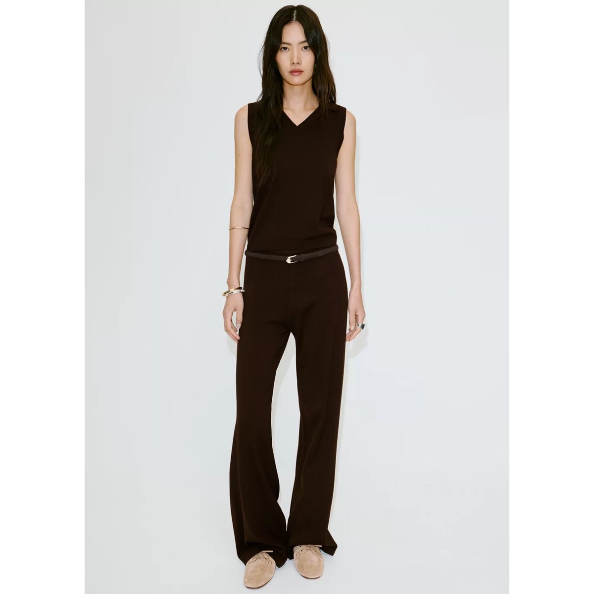 Pantalon large maille fine chocolat, MANGO