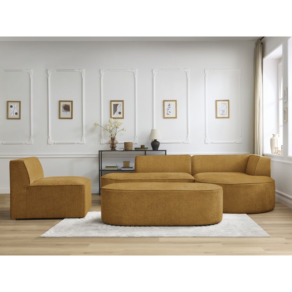 Canapé modulable 6 places en tissu texturé, ROUSSEAU jaune, BOBOCHIC