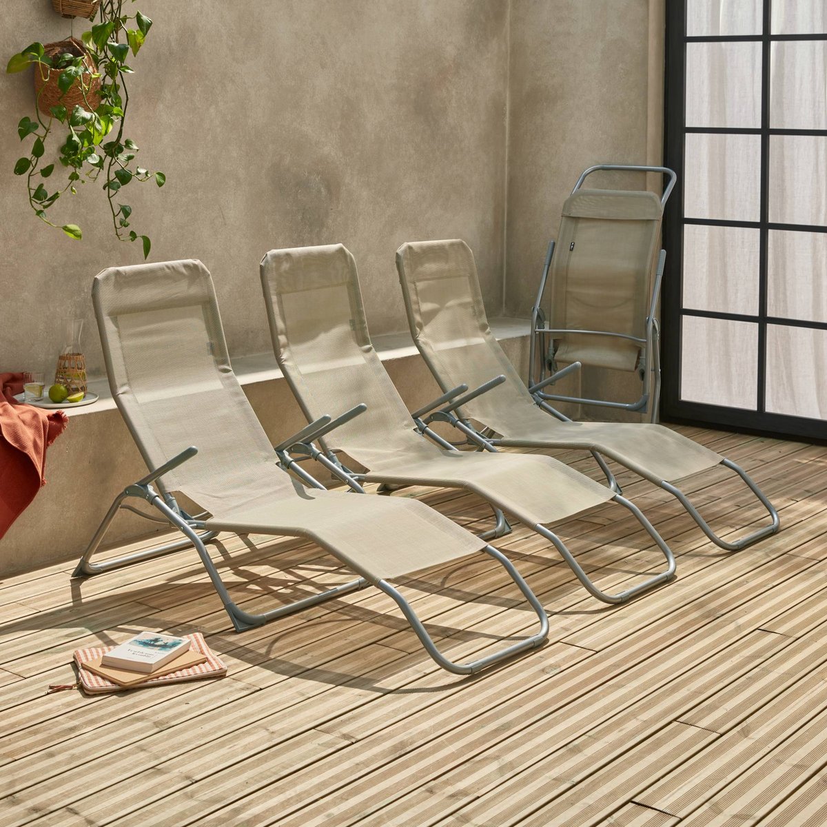 Bain de soleil acier pliant 2 positions (lot de 4) LEVITO taupe, SWEEEK