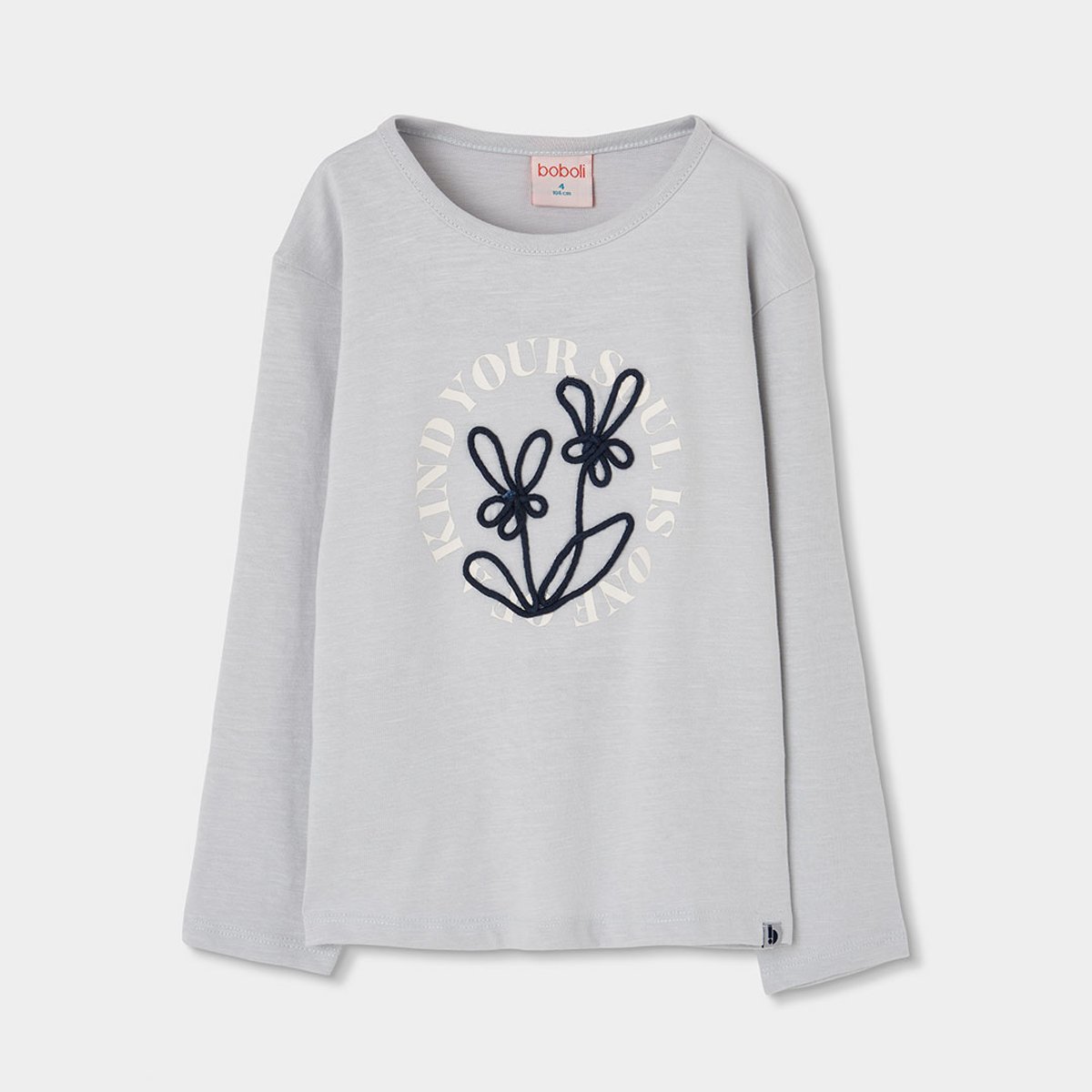 T-shirt fille en maille avec fleurs brodées gris, BOBOLI