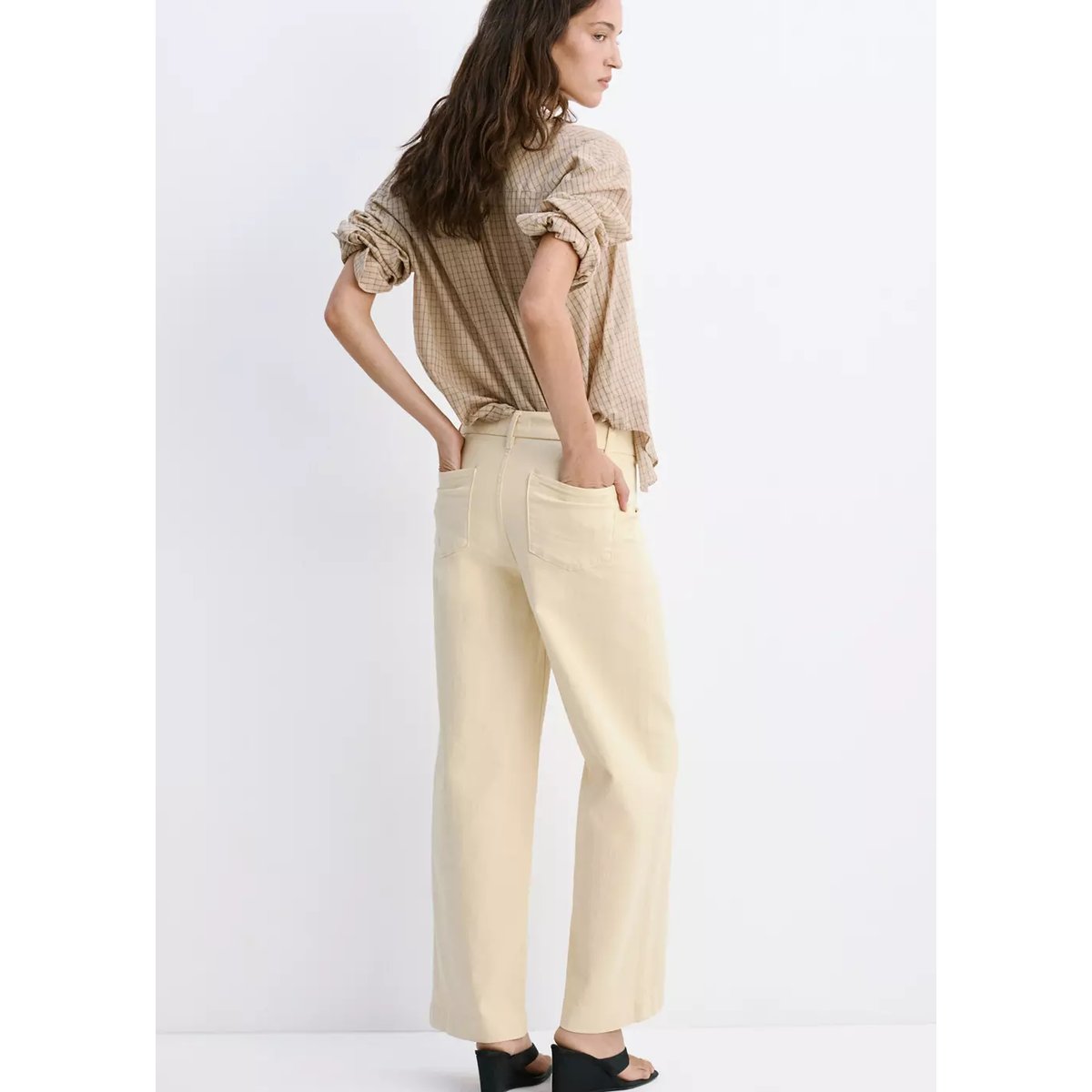 Jean large taille haute à coutures vanille, MANGO