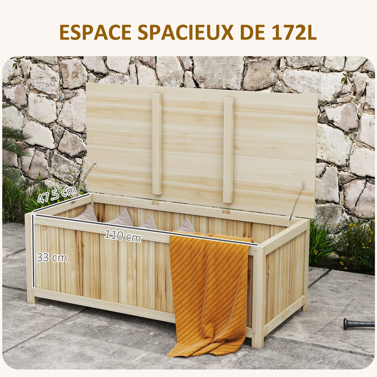 Coffre de rangement d'extérieur Bois de sapin beige, OUTSUNNY