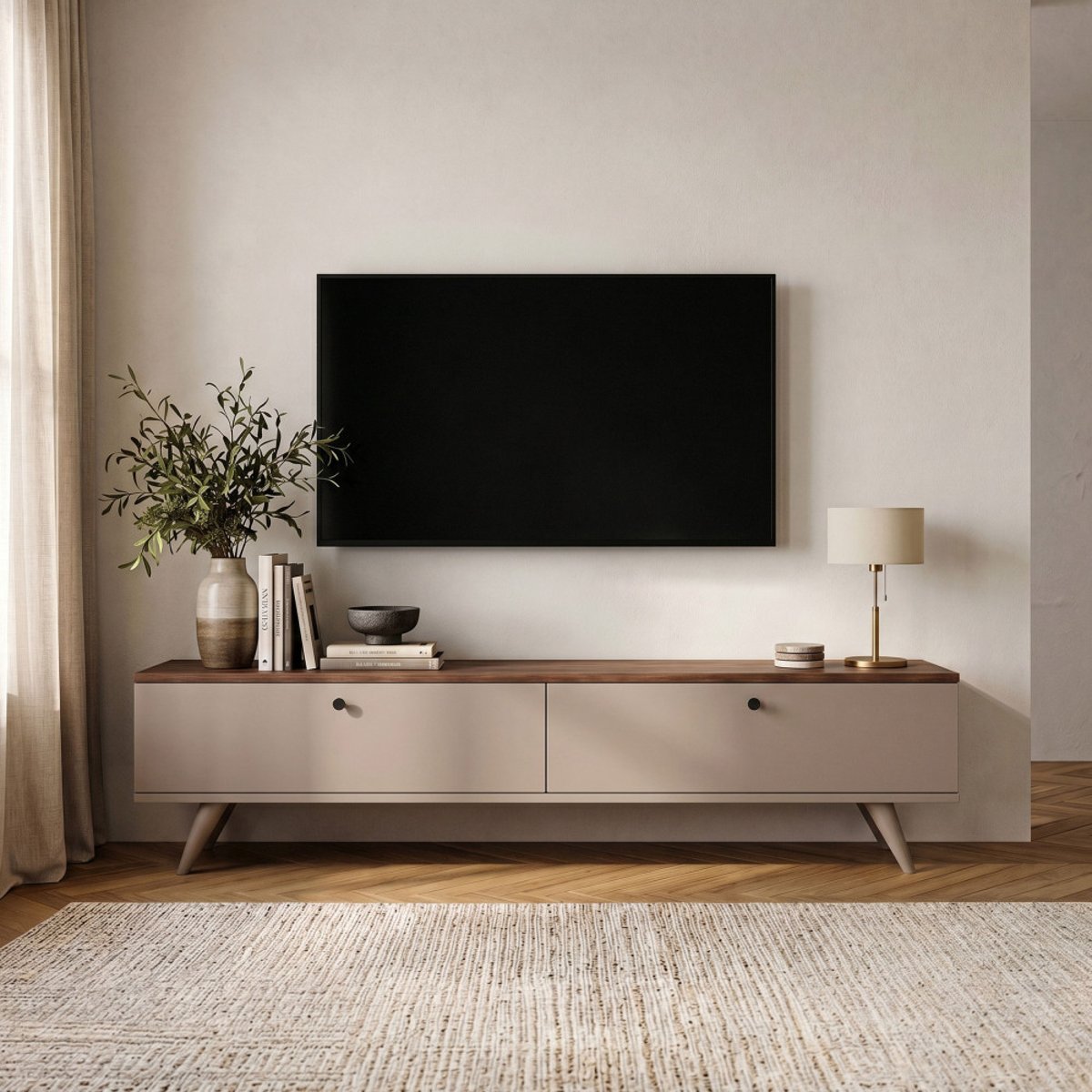 Meuble TV 2 portes plateau bois foncé L140cm- YARA beige, DRAWER