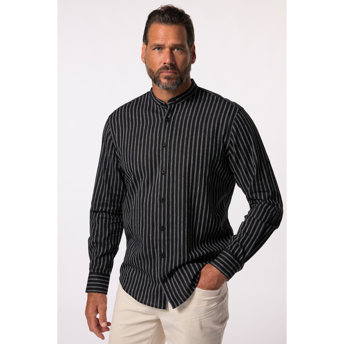 Chemise à rayures en lin mélangé noir, JP1880