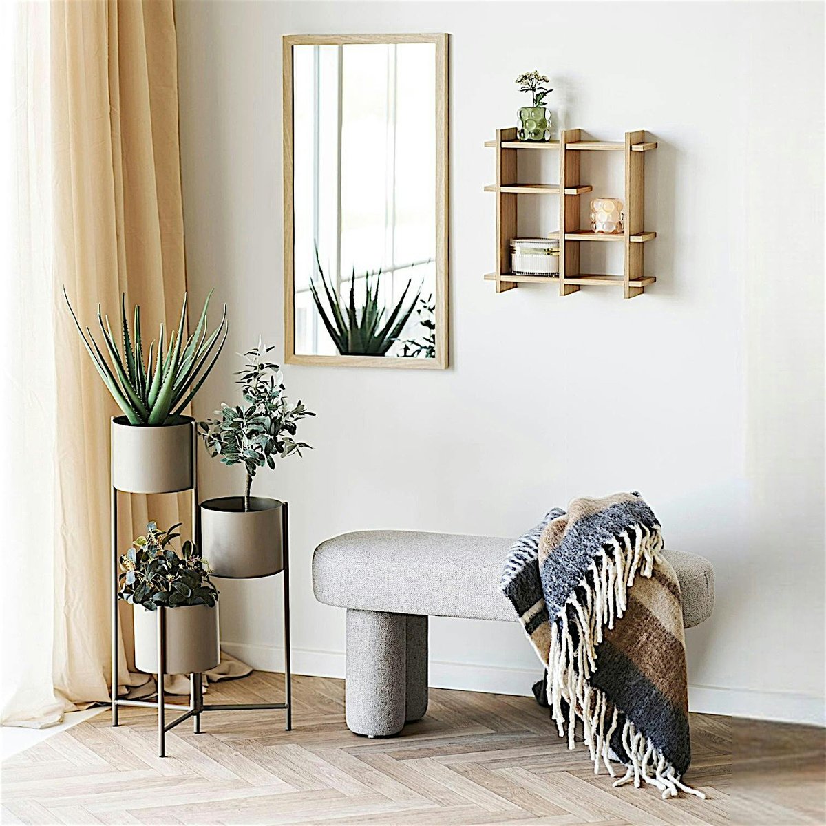 Banc d'entrée en tissu sable à pieds doubles BERLIN beige, PIER IMPORT