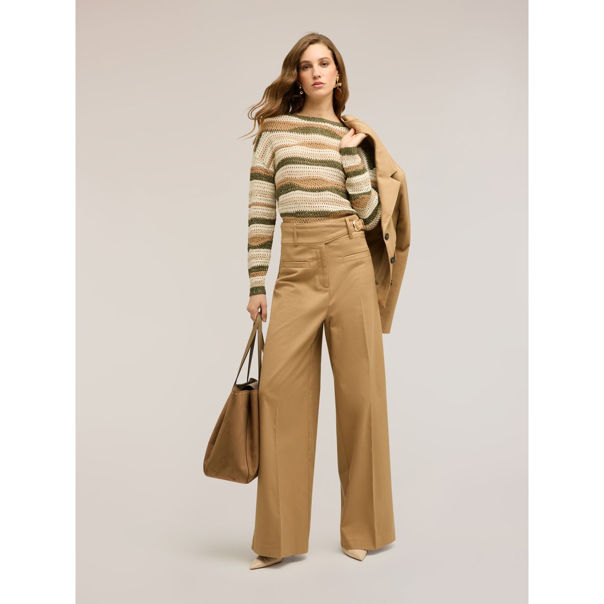 Pull court à rayures ajouré beige, MOTIVI