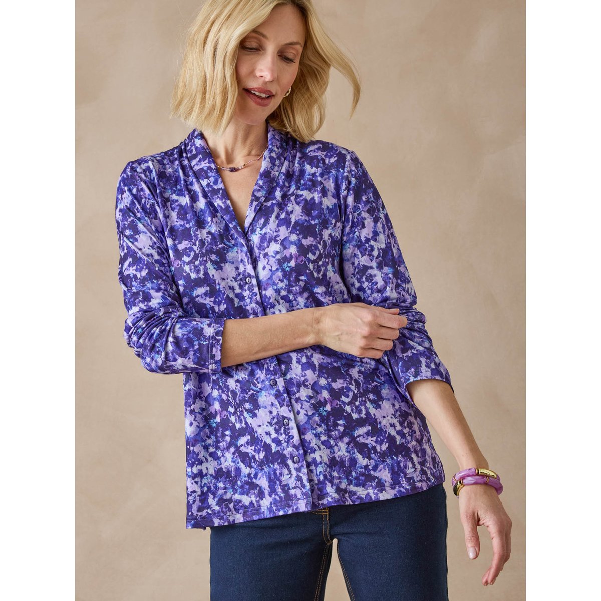Chemisier col châle maille chaude imprimé tachiste violet, DAXON