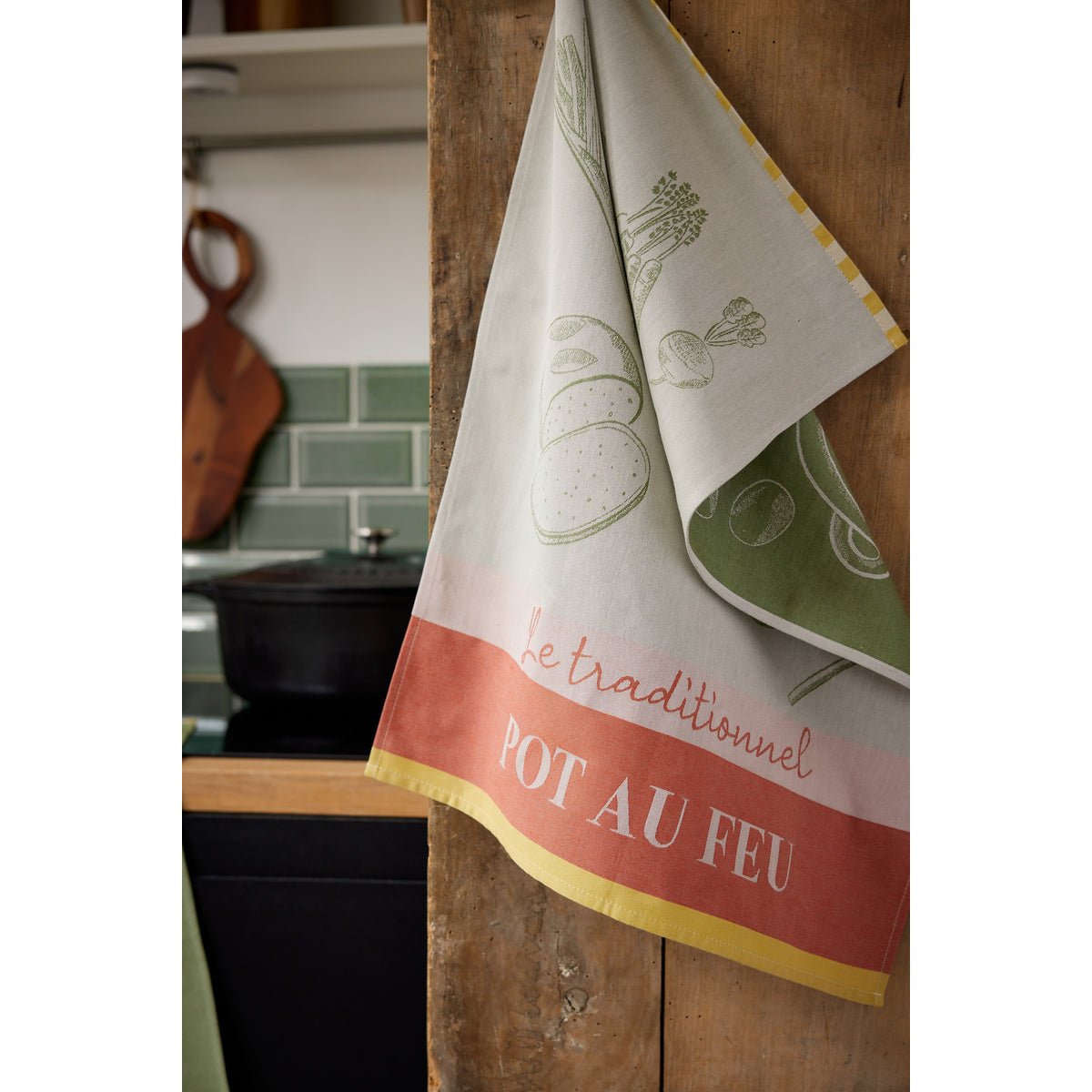 Torchon jacquard en coton L'ART DU POT AU FEU vert, COUCKE