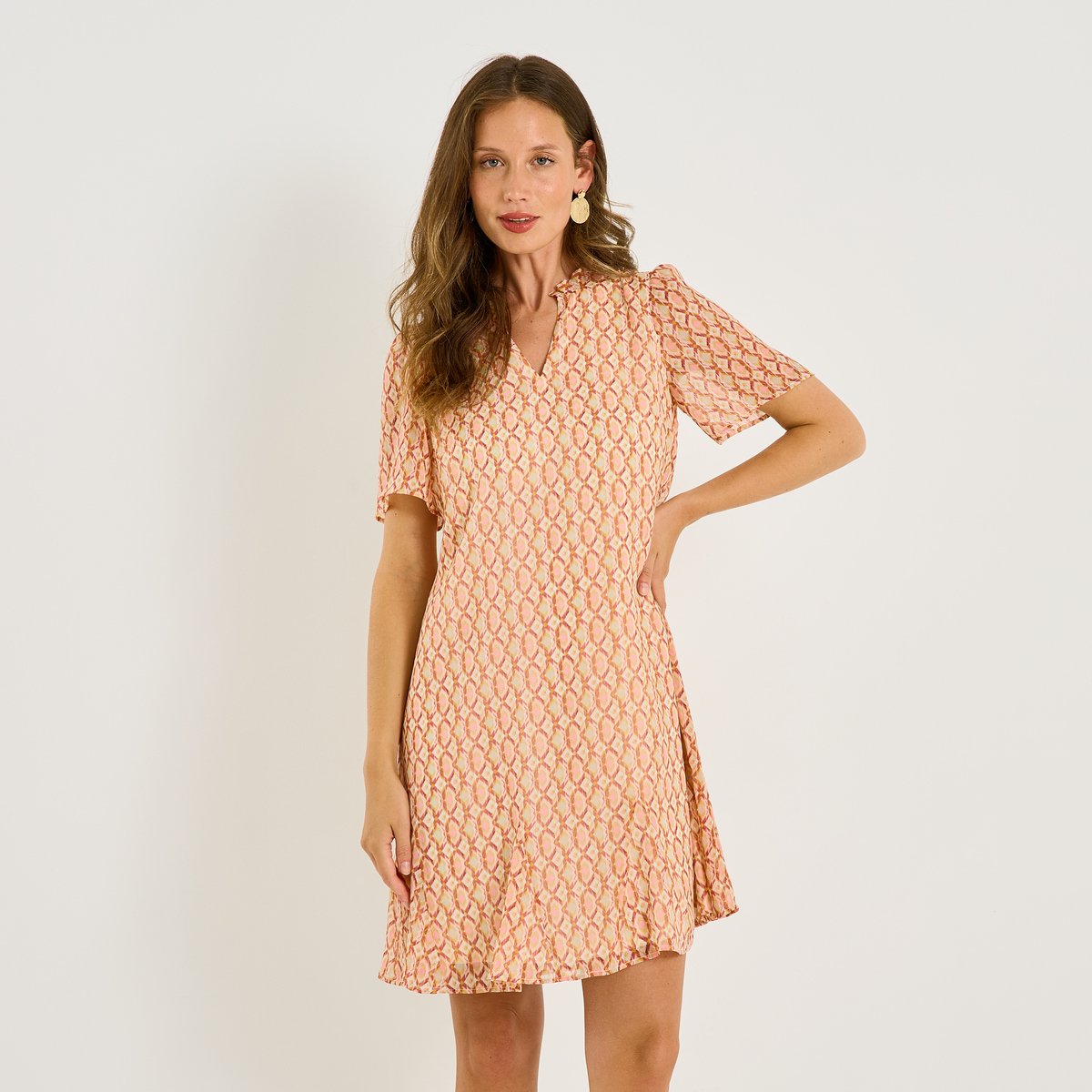 Robe courte trapèze imprimé géométrique rose, GRAIN DE MALICE