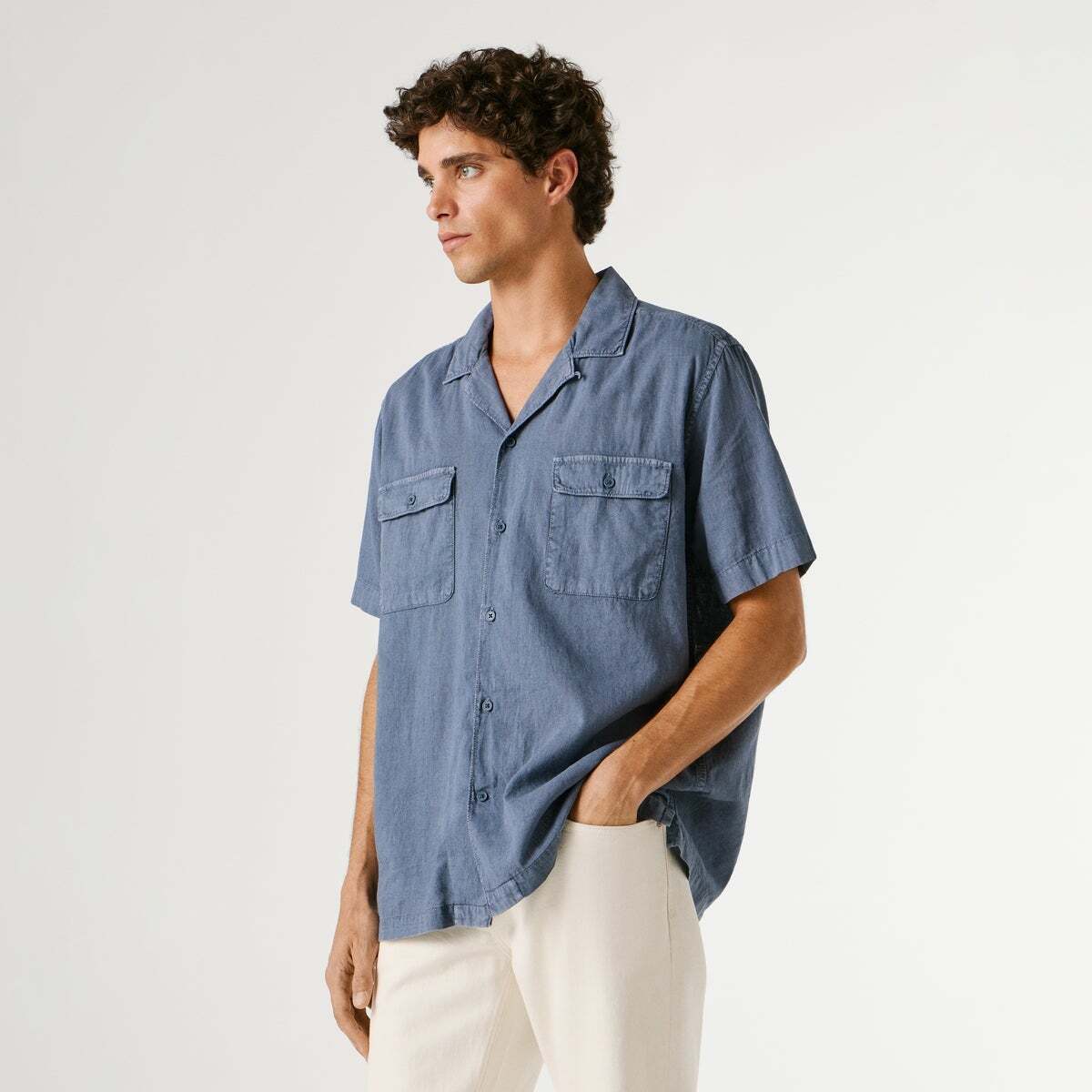 Chemise À Col Cubain bleu marine délavé, PEPE JEANS