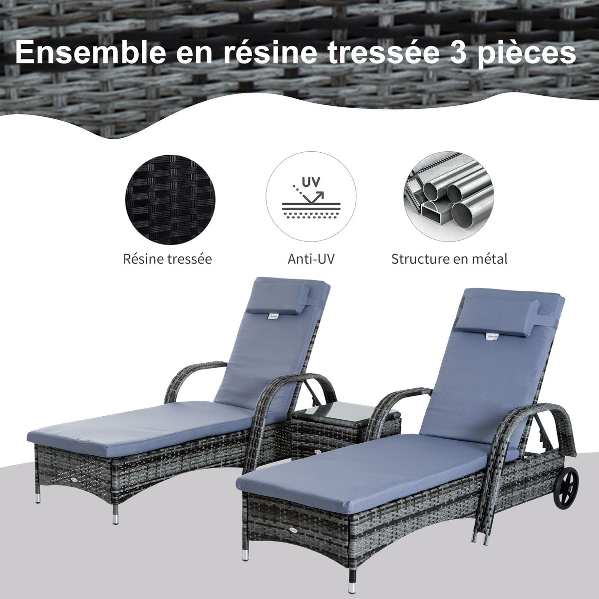 Ensemble de chaises longues en rotin Résine gris, OUTSUNNY