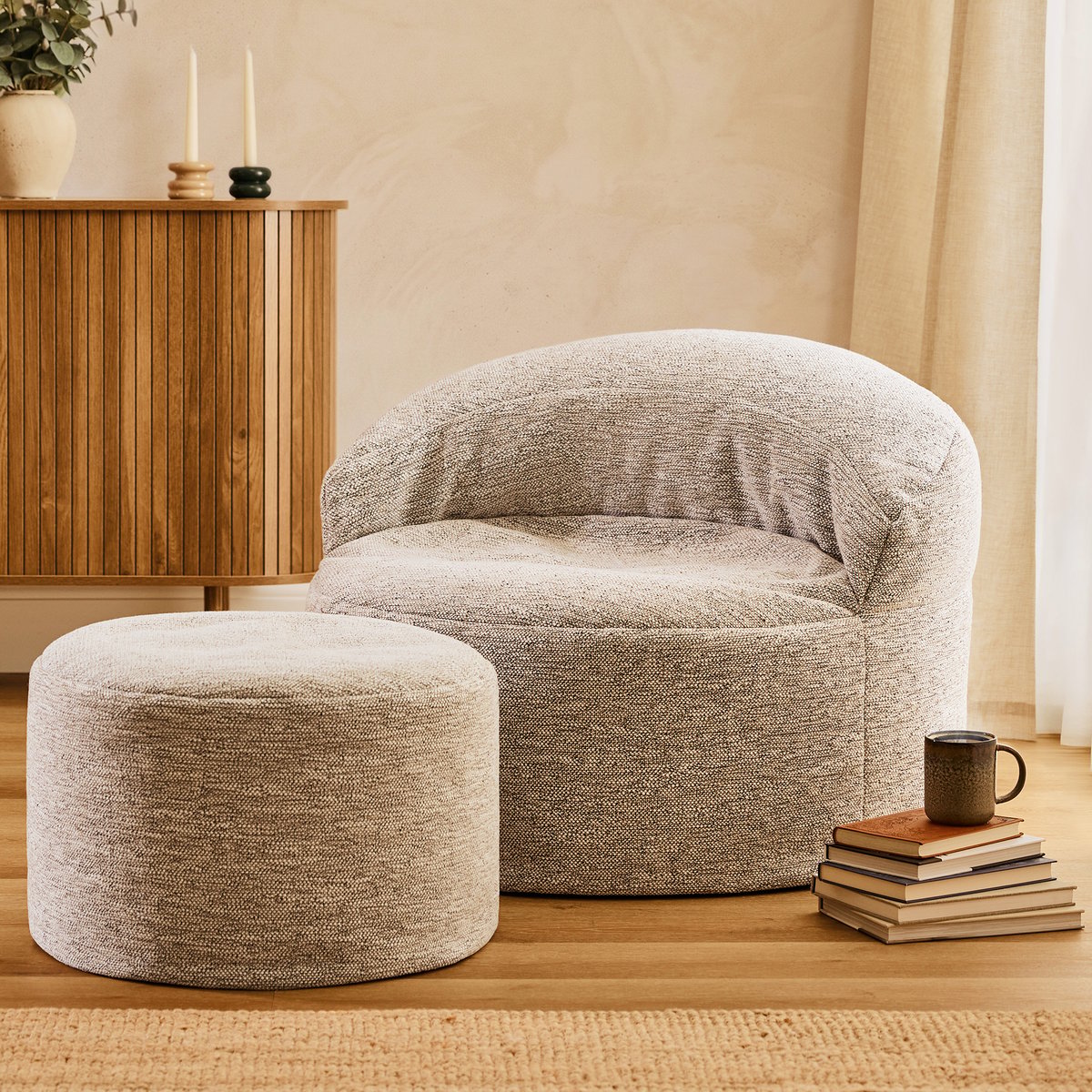 Pouf fauteuil d’appoint décoratif et son repose-pied rond en tissu tissé Oeko-Tex® - ORB naturel beige, ICON