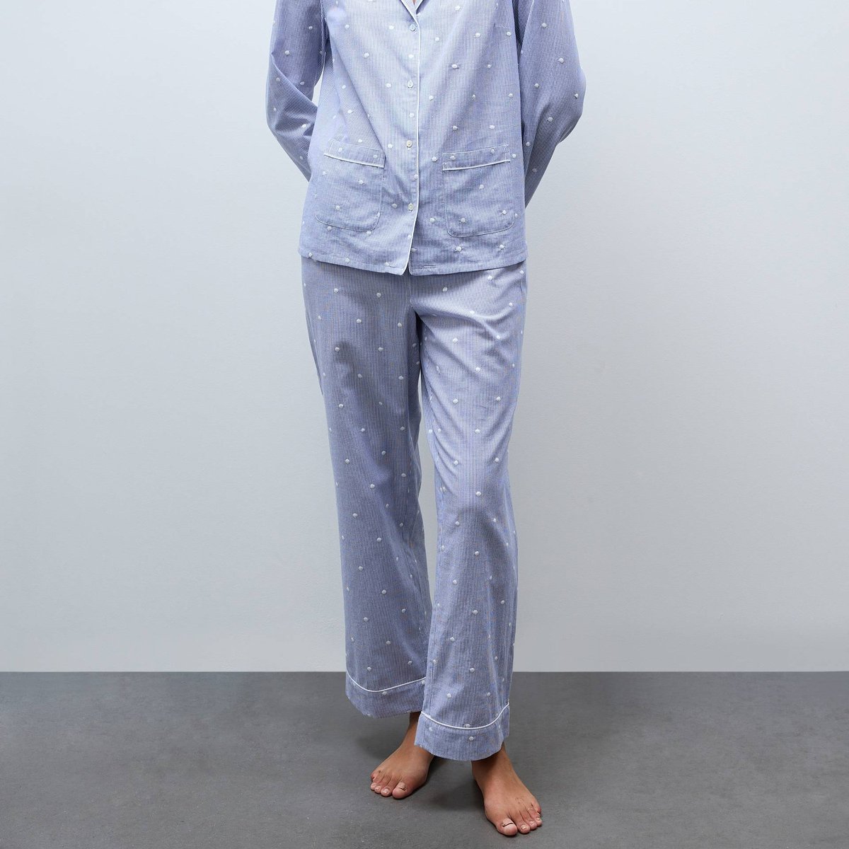 Pyjama long à rayures et pois brodés en coton BIO GOTS marine, MONOPRIX